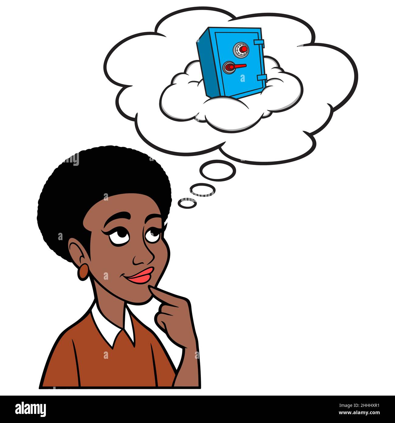 Black Woman thinking about Cloud Computing Security - A cartoon illustration of a Black Woman thinking about Cloud Computing Security for her business Stock Vector