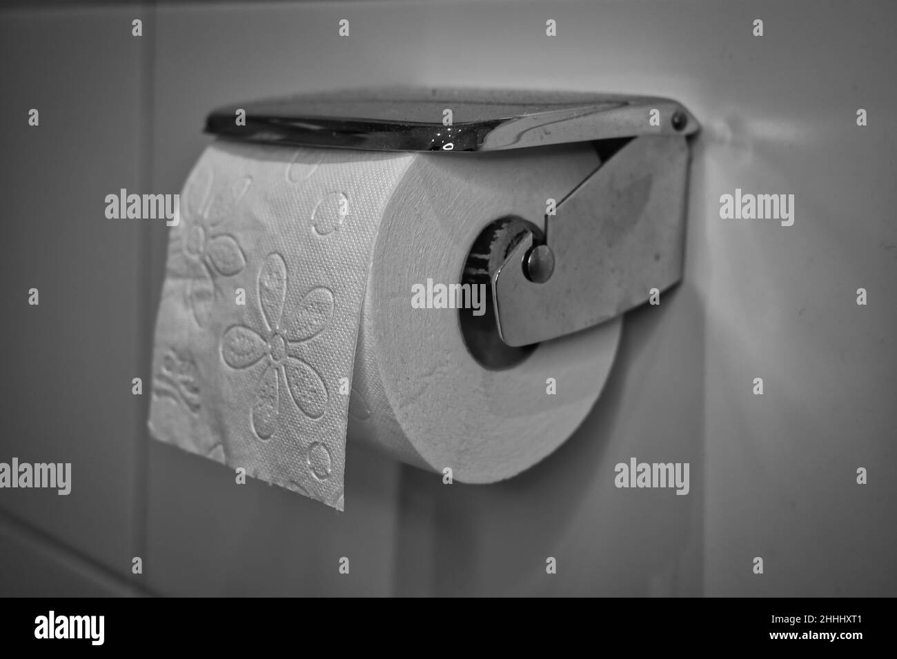 Toilet paper holder with toilet paper in black white Stock Photo Alamy