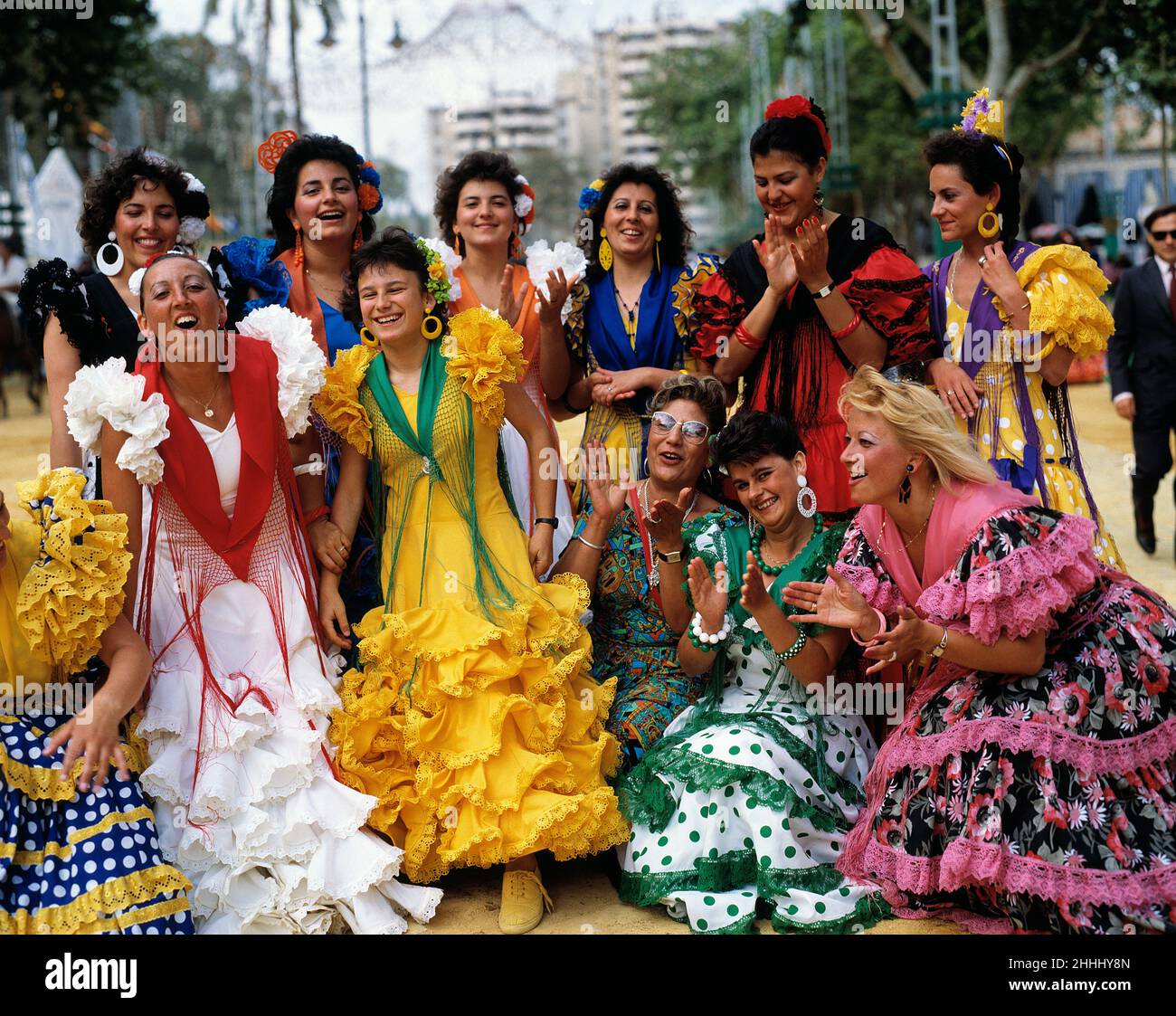 Spain. Jerez. Carnival. Women in traditional dresses. Stock Photo