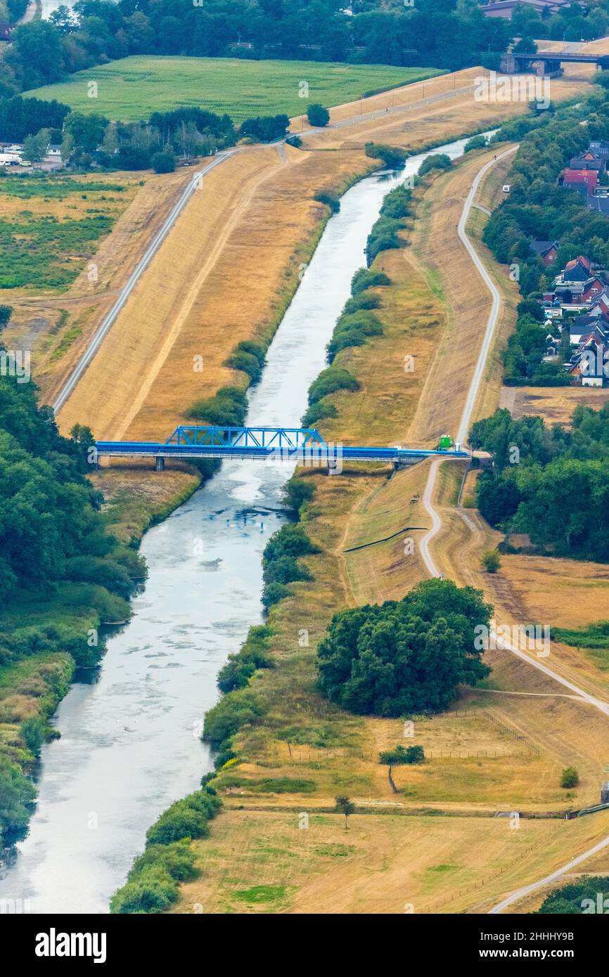 Aerial photograph, Lippe straightening, damming, Lippedamm near Hervest, dam crest, Dorsten, Ruhr area, North Rhine-Westphalia, Germany, Marl, DE, Eur Stock Photo