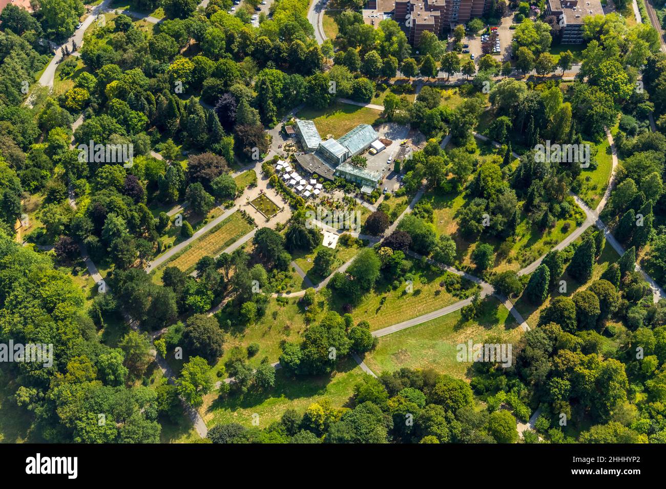 Aerial view, plant show houses and 'Café Orchidee' at Dortmund Zoo, Rombergpark, Dortmund, North Rhine-Westphalia, Germany, aerial photograph, aerial Stock Photo