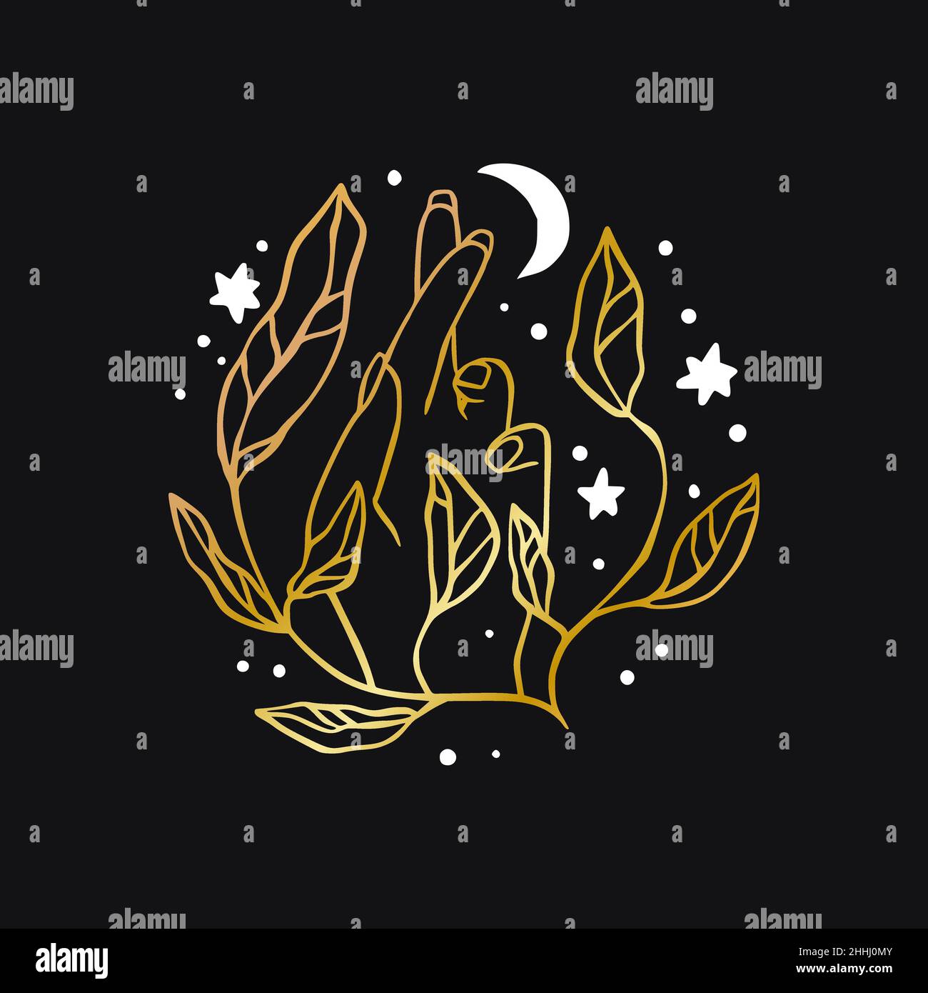 woman hand logo. Celestial magic golden icon. Magic mystic art with star and moon Stock Vector