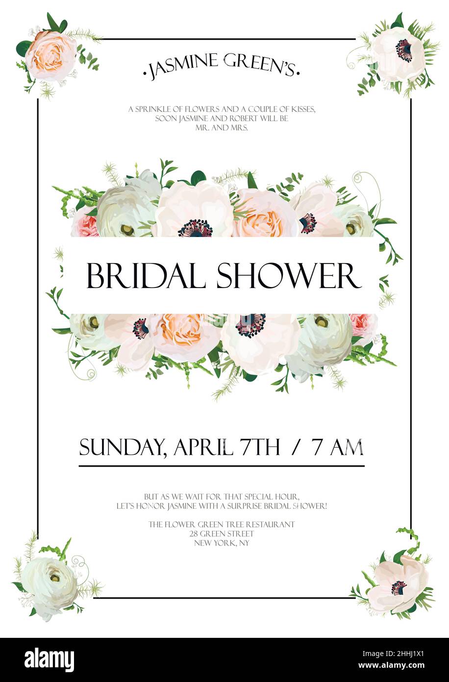 Bridal shower vector template Invitation card design with light pink garden  rose flowers anemone flower ranunculus eucalyptus green leaf herb mix, tex  Stock Vector Image \u0026 Art - Alamy, image size:916x1390