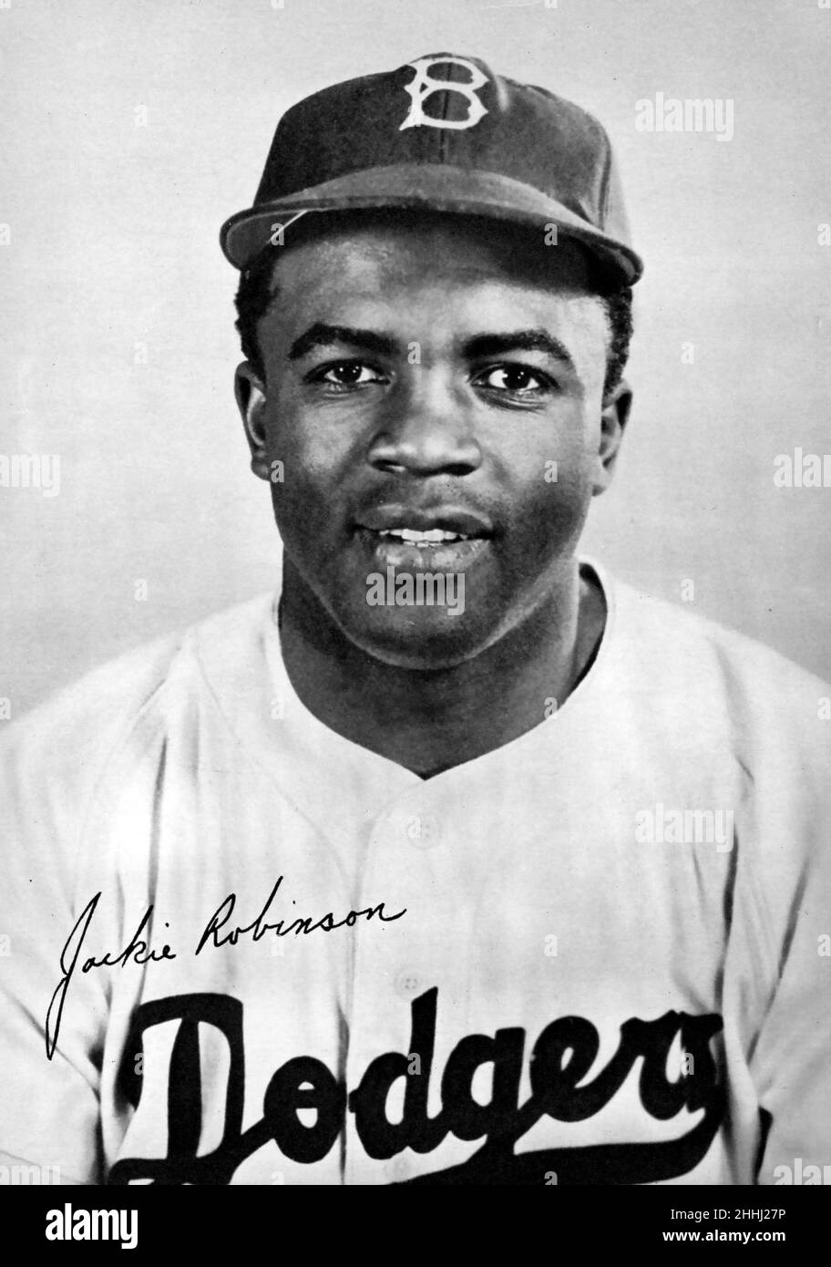 Souvenir black and white photo portrait of Brooklyn Dodgers player Jackie Robinson circa 1949. Stock Photo