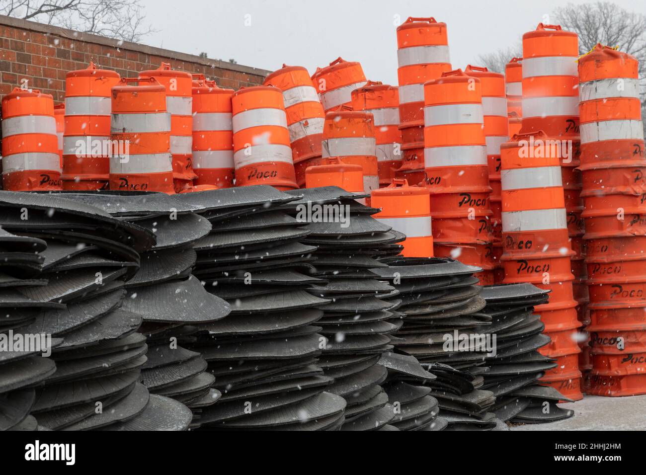 Madison Heights, Michigan Road signs and orange barrels for a highway