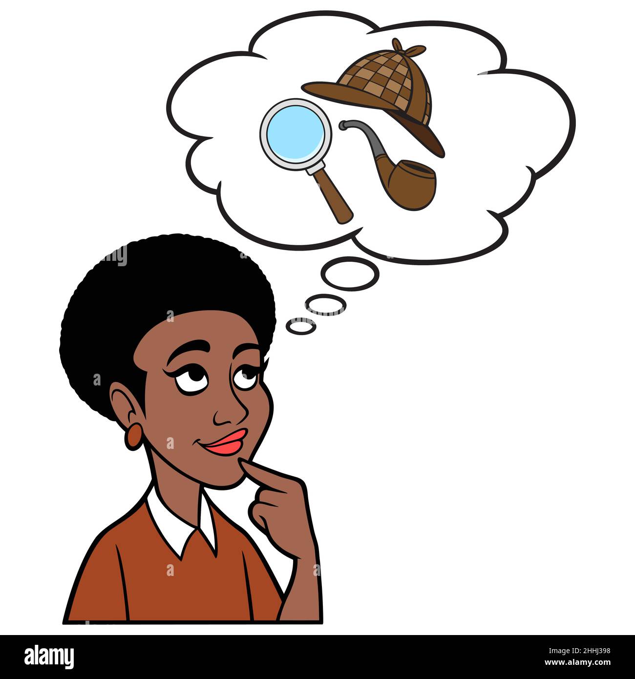 Black Woman thinking about Detective Work - A cartoon illustration of a Black Woman thinking about doing some Detective Work. Stock Vector