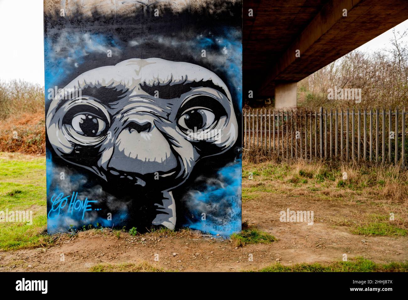 Street Art, ET by 'Dogz' on the A30 bridge underpass at Hayle, Cornwall, UK Stock Photo