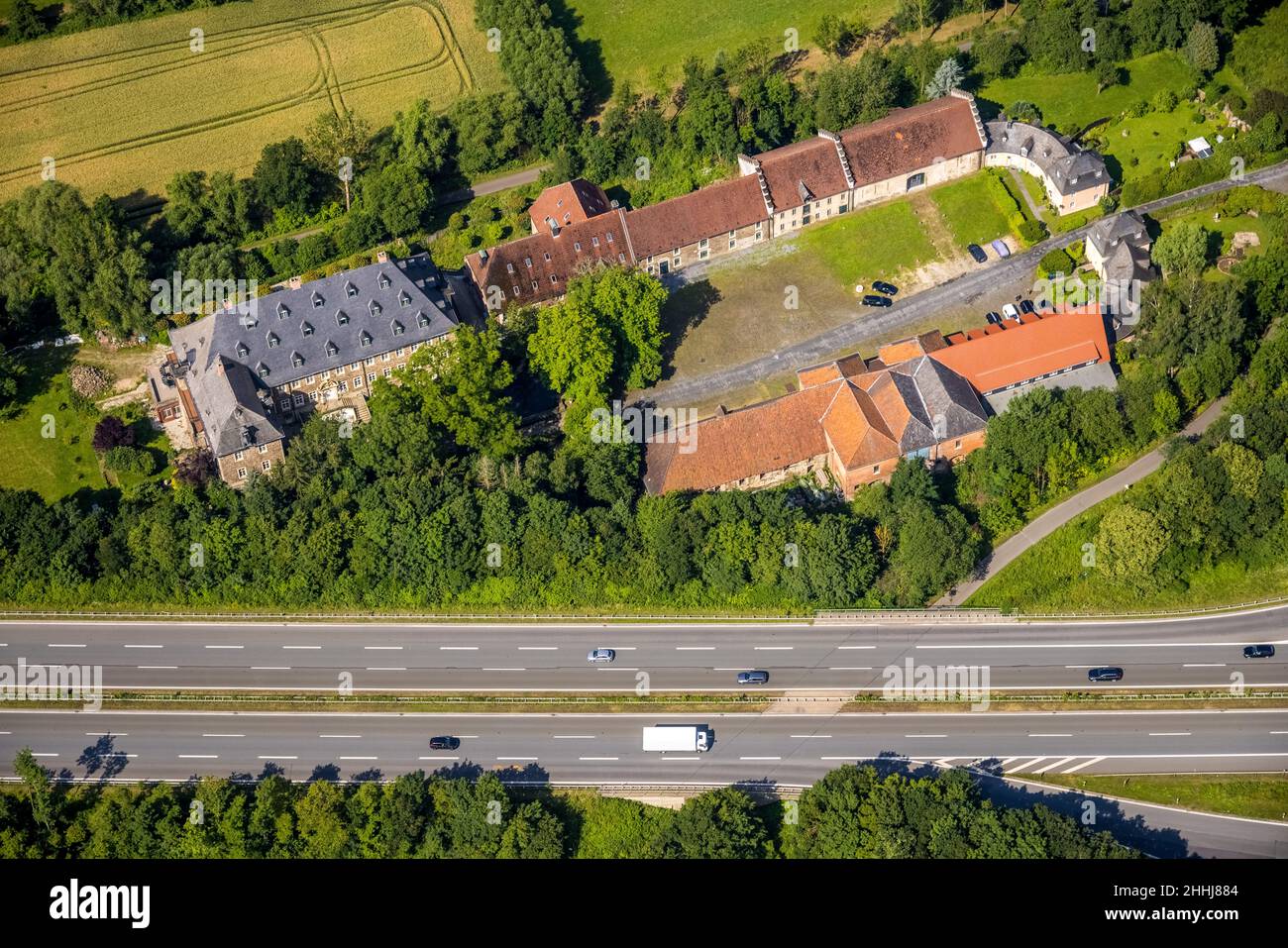 Aerial view, Haus Füchten, Hünningen, Ense, Sauerland, North Rhine-Westphalia, Germany, A445 motorway, castle, DE, Europe, manor house, aerial photogr Stock Photo