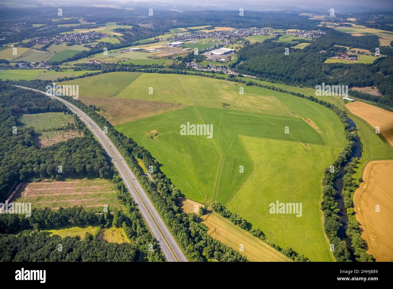 Aerial view, forest area with forest damage, A445 motorway and Ruhr floodplain with river Ruhr in Hünningen, Ense, Sauerland, North Rhine-Westphalia, Stock Photo