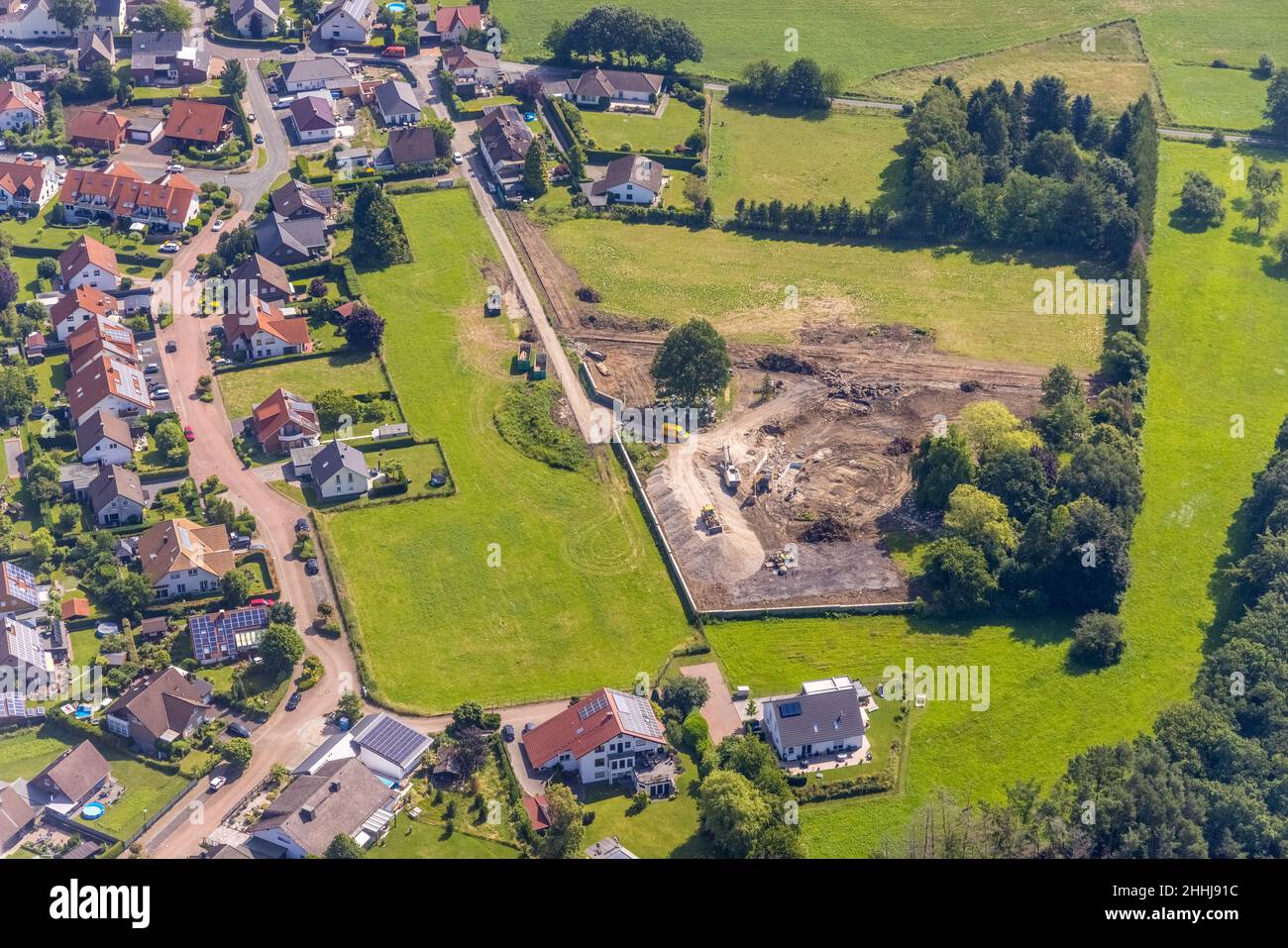 Aerial photograph, construction site Zum Stakenberg, Parsit, Ense, Sauerland, North Rhine-Westphalia, Germany, construction work, construction area, b Stock Photo