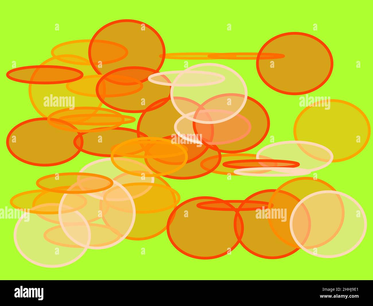 Abstract minimalist orange illustration with ellipses and green yellow ...