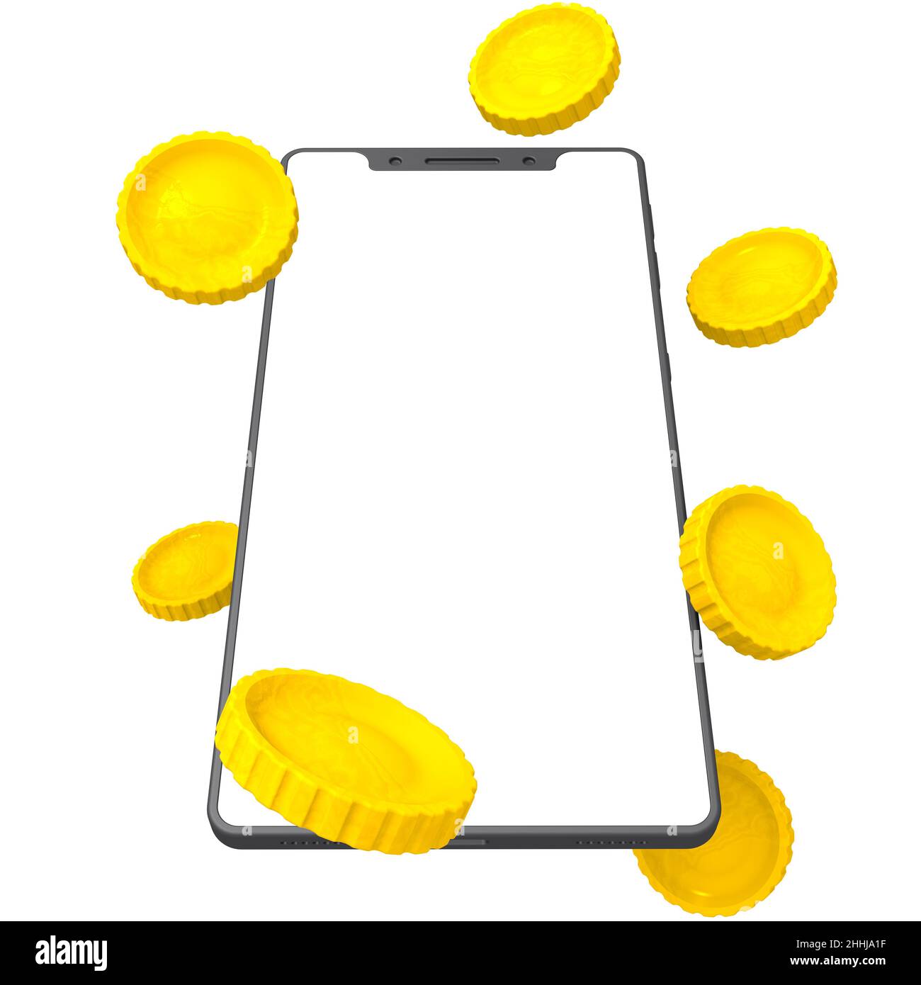 Money and smartphone. One smartphone with lots of golden coins isolated against white background. 3D illustration Stock Photo