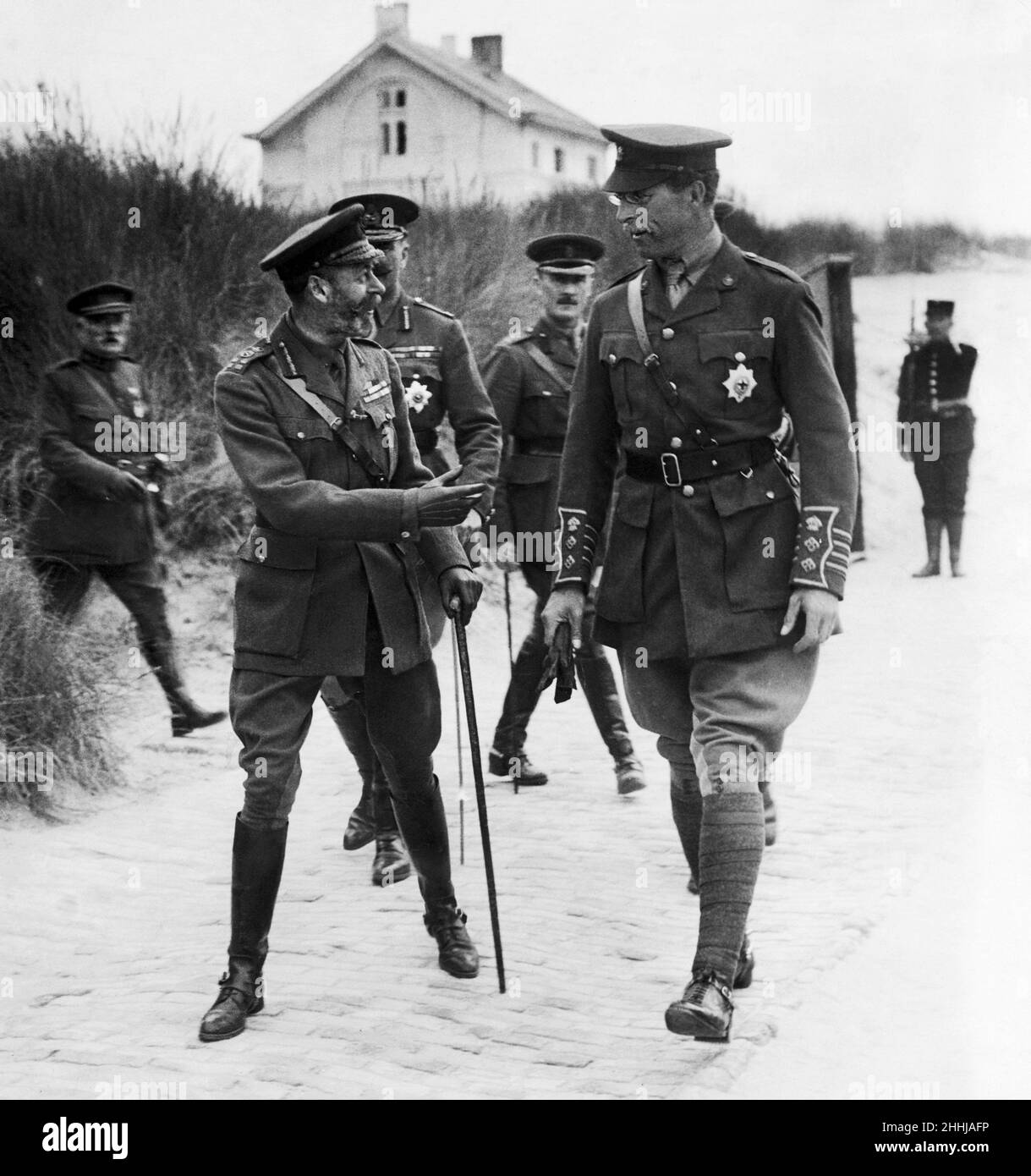 King George V, decribes an amusing incident which he experienced in the captured german trenches, to the King Albert I of the Belgiums. 25th August 1916. France. World War One Stock Photo