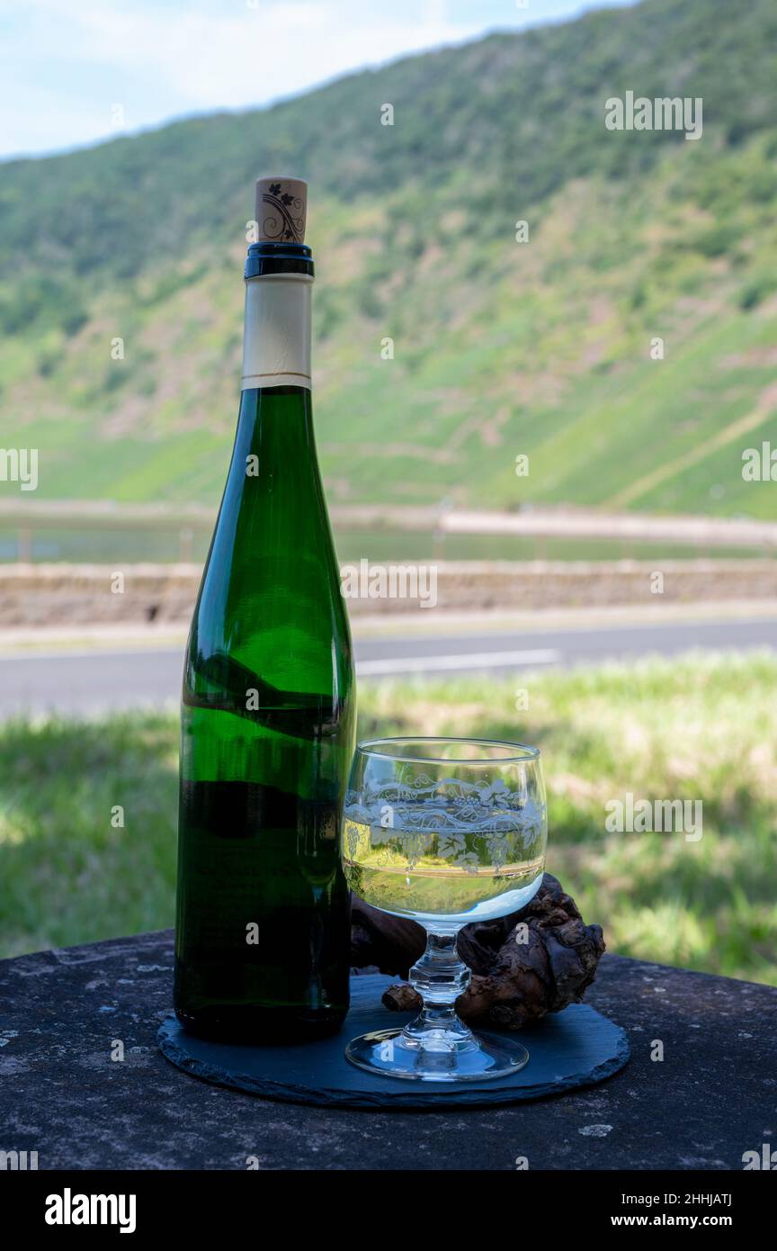 Tasting of white dry quality riesling wine with view on steep slopes of