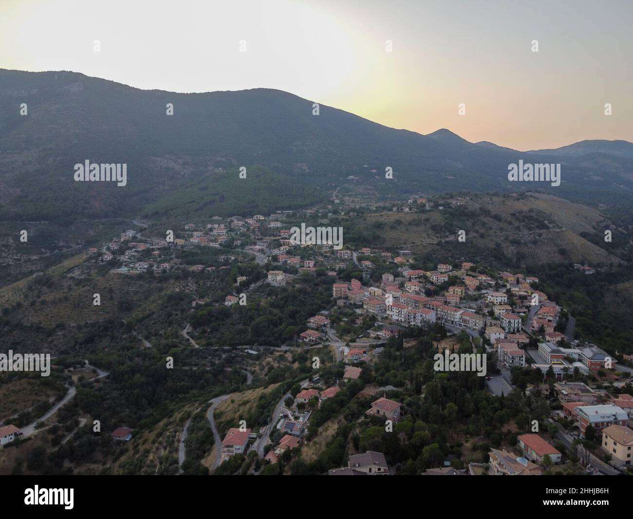 Small mountain village Lenola, aerial view at sunrise, located near Fondi, Latina, Italy Stock Photo