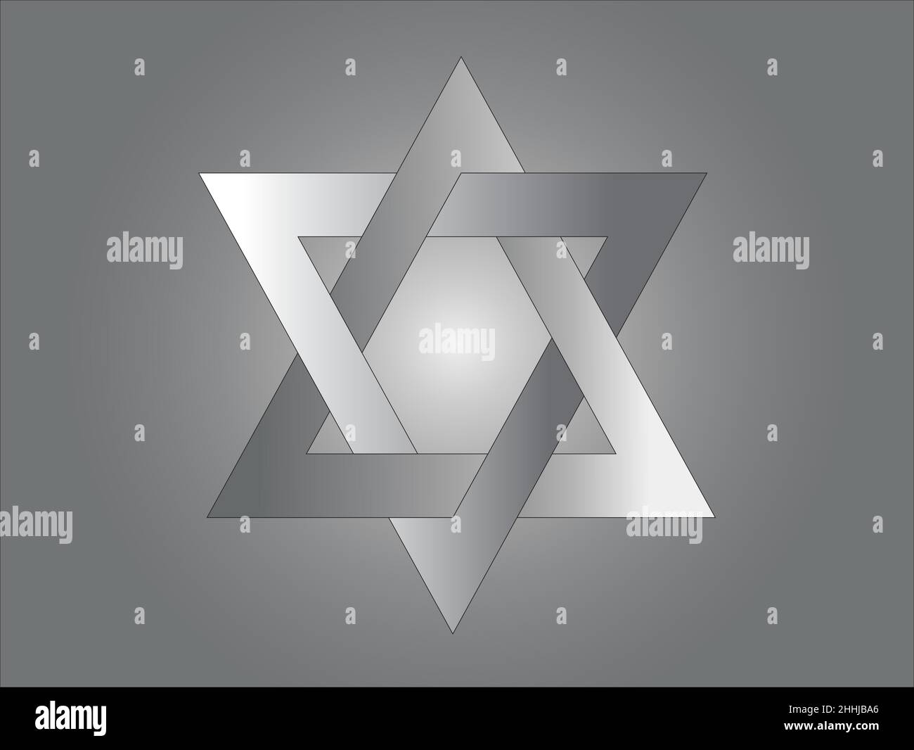 A graphic depicting a five-pointed, gray star created by joining two triangles. It is placed on a gray background. Stock Vector