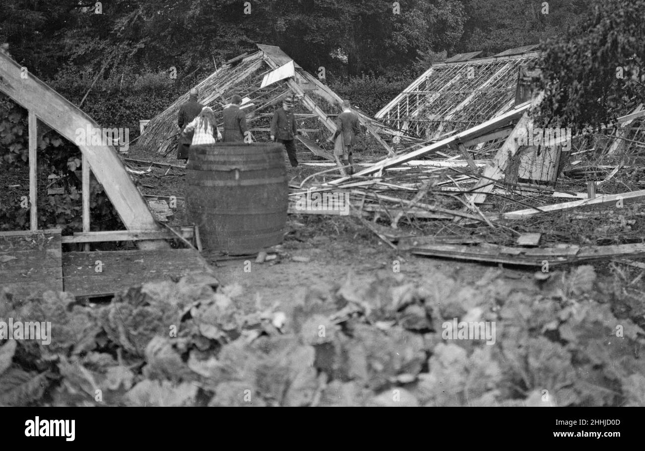 Greenhouses  damaged  in Antwerp the result of one of the three air raids made on the city by German Zeppelin airships in late August 1914. Stock Photo