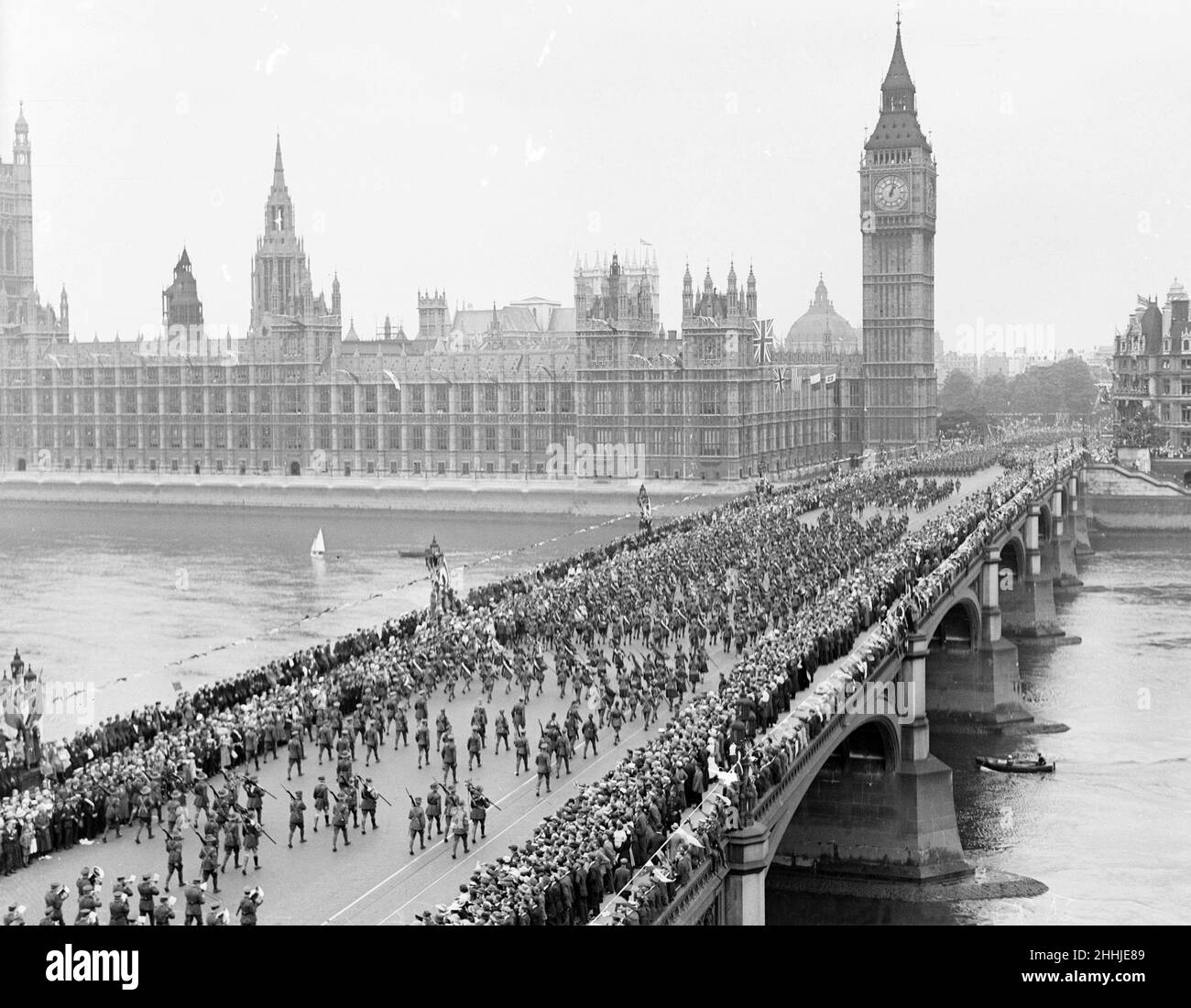 London victory march. Passing over Westminster Bridge with the Houses