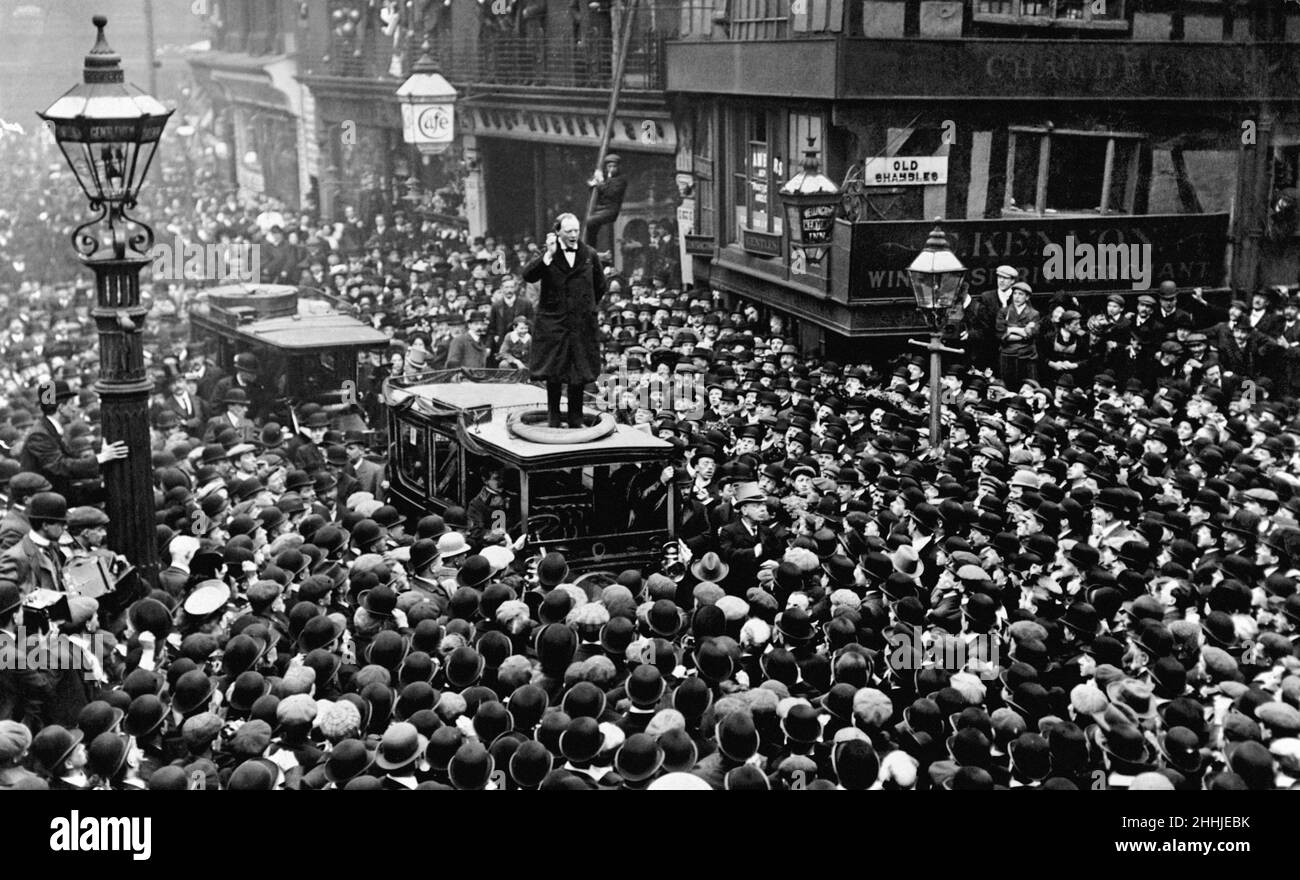 Winston Churchill speaking from the top of a car in Manchester in April 1908. In an April Cabinet changeover that saw Herbert Asquith become Prime Minister, rising star Churchill was given the post of President of the Board of Trade. Stock Photo