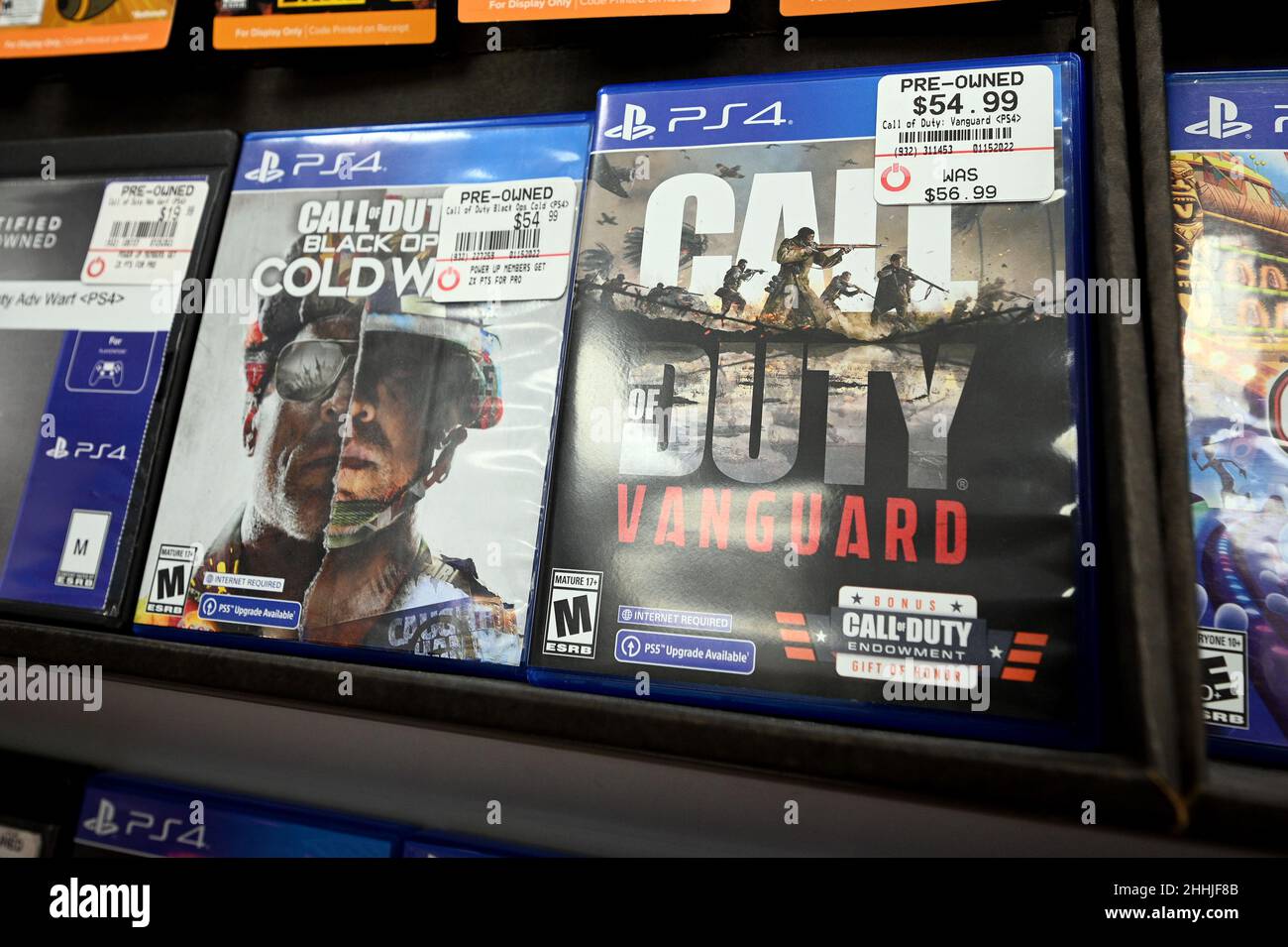 New York, USA. 24th Jan, 2022. Activision's Call of Duty video games on  display inside a video game retailer after it was announced the Microsoft  is buying the video game company in