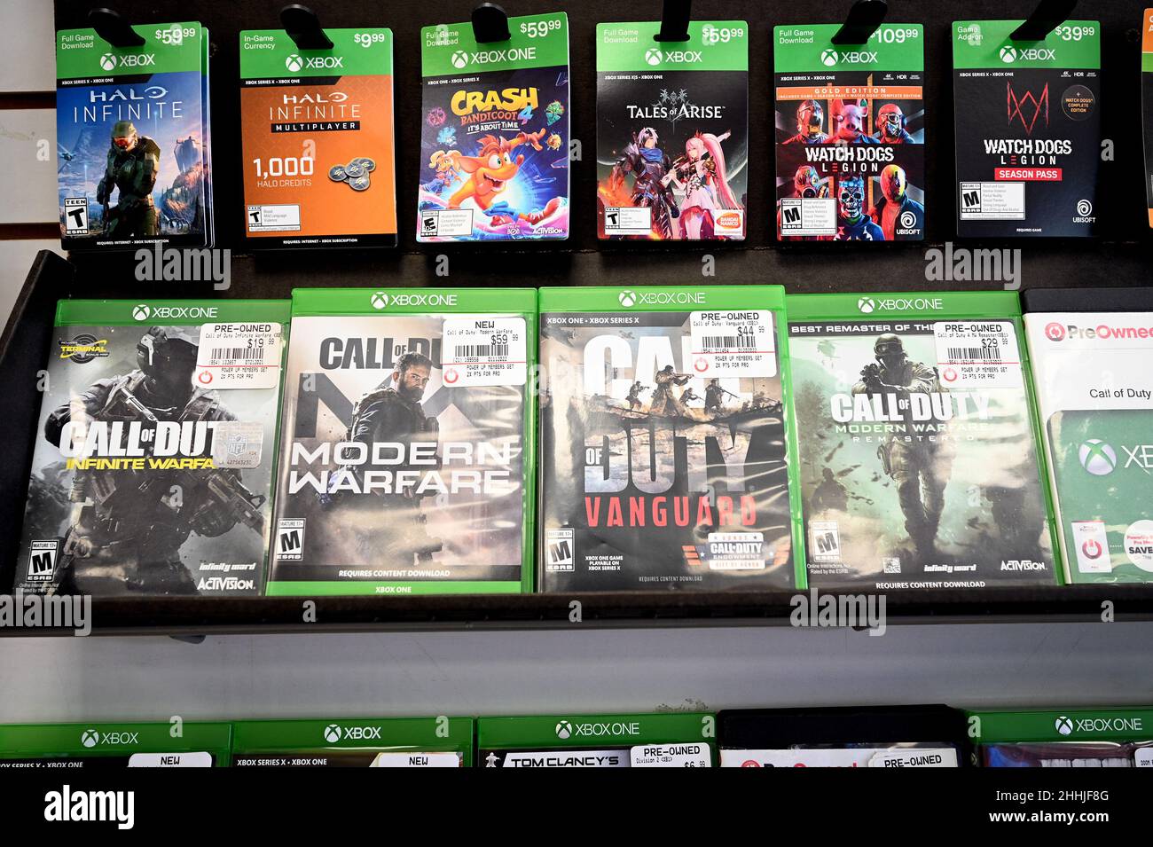 New York, USA. 24th Jan, 2022. Activision's Call of Duty video games on  display inside a video game retailer after it was announced the Microsoft  is buying the video game company in