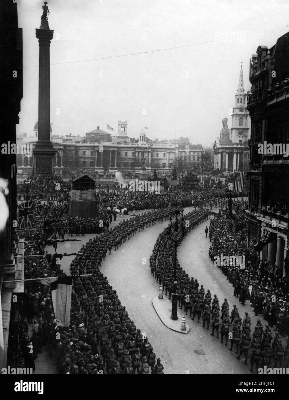 London Victory Parade also known as the Peace Day Parade on 19th July 1919, to mark the formal end of the First World War that had taken place with the signing of the Treaty of Versailles, France the previous month on 28 June 1919. Picture shows, Colonial Troops, Overseas Troops marching up Whitehall, London, in  double column. Stock Photo