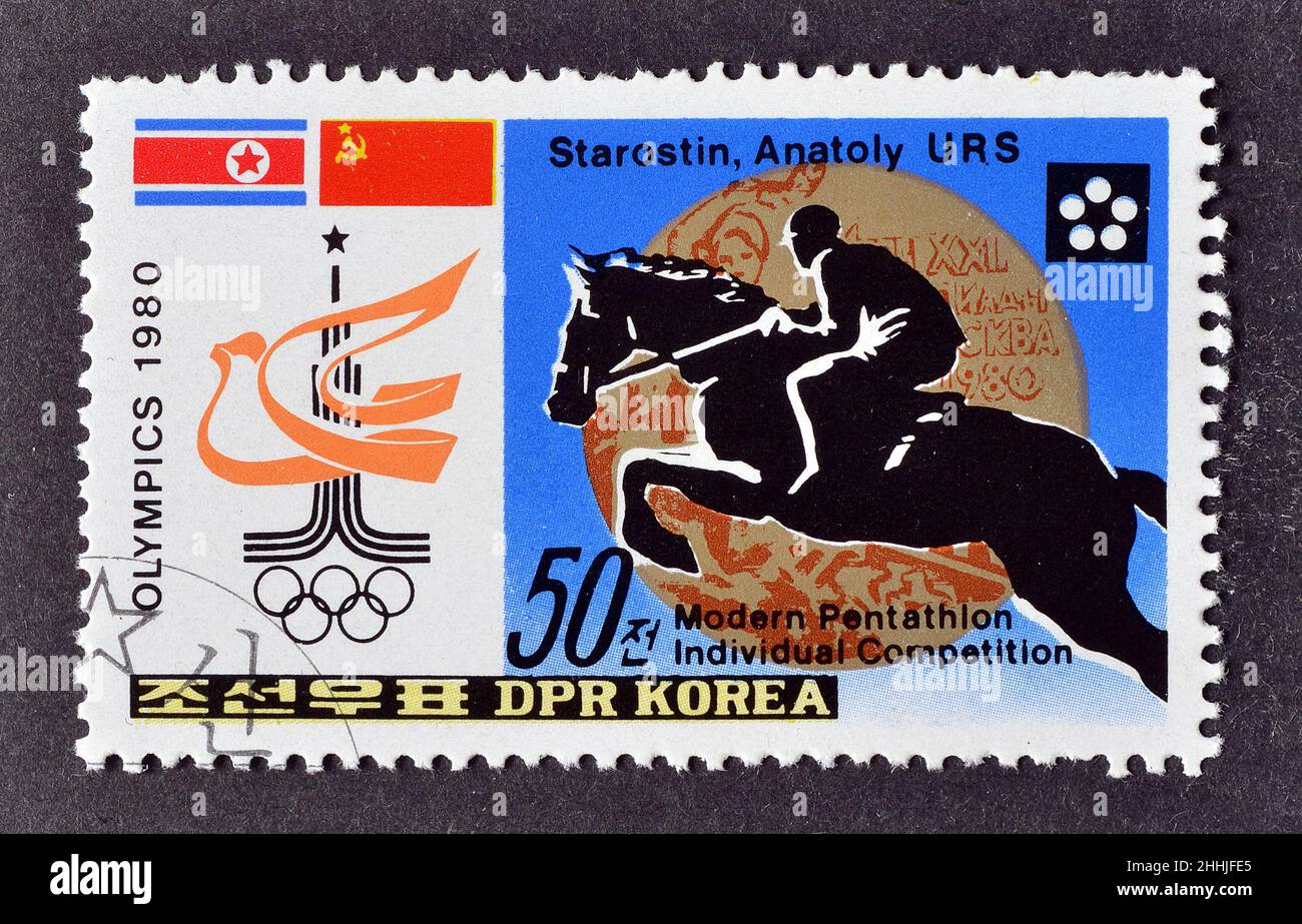 Cancelled postage stamp printed by North Korea, that shows Horse riding, circa 1980. Stock Photo