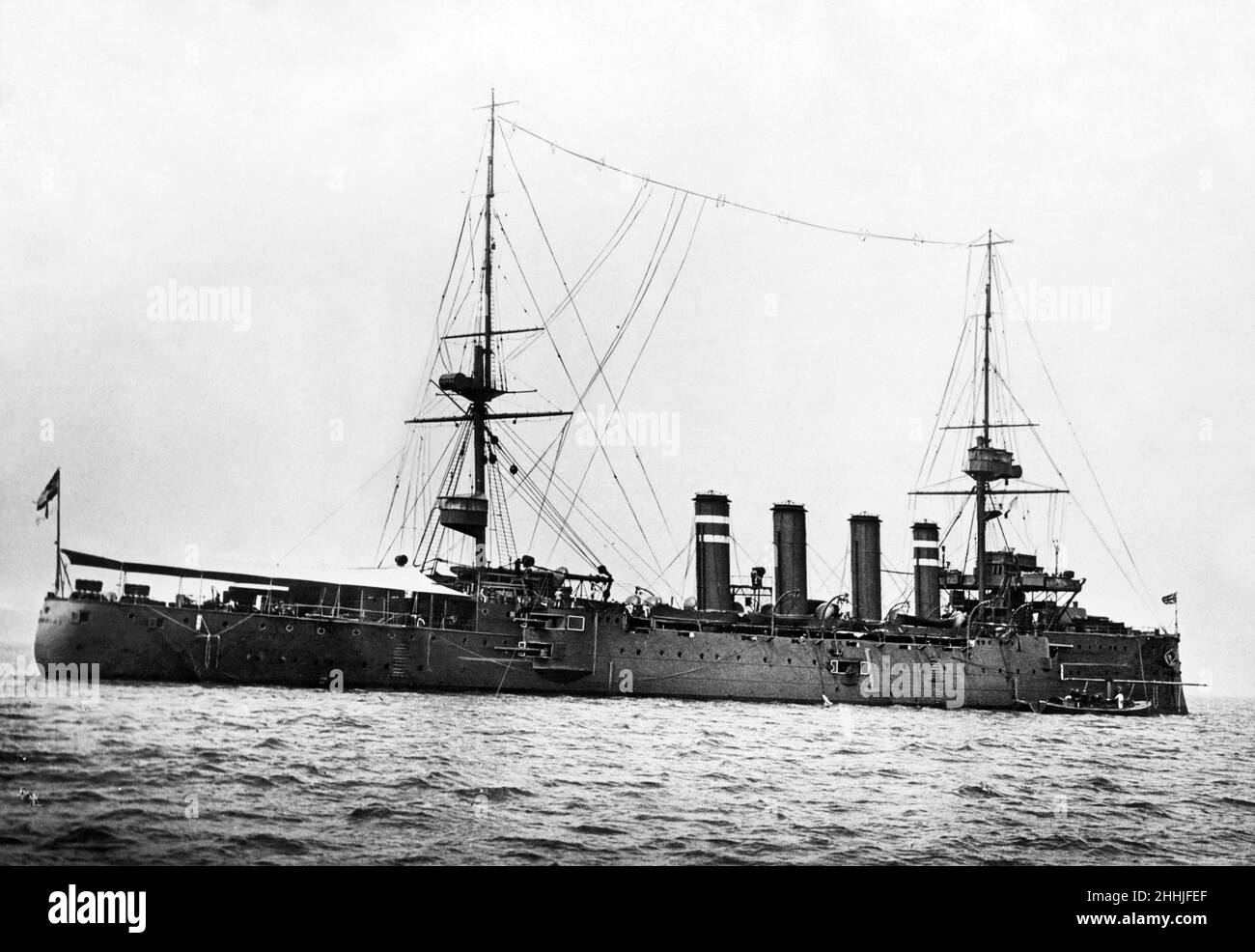 The Devonshire class armoured cruiser HMS Hampshire of the British Royal Navy. Launched in September 1903 she participated in World War One and was present at the Battle of Jutland. She was sunk in June 1916 off the mainland of Orkney en route to Russia where she is believed to have struck a mine laid by a German submarine. She was  carrying the Secretary of State for War, Field Marshal Lord Kitchener who was killed along with his staff.  January 1913. Stock Photo