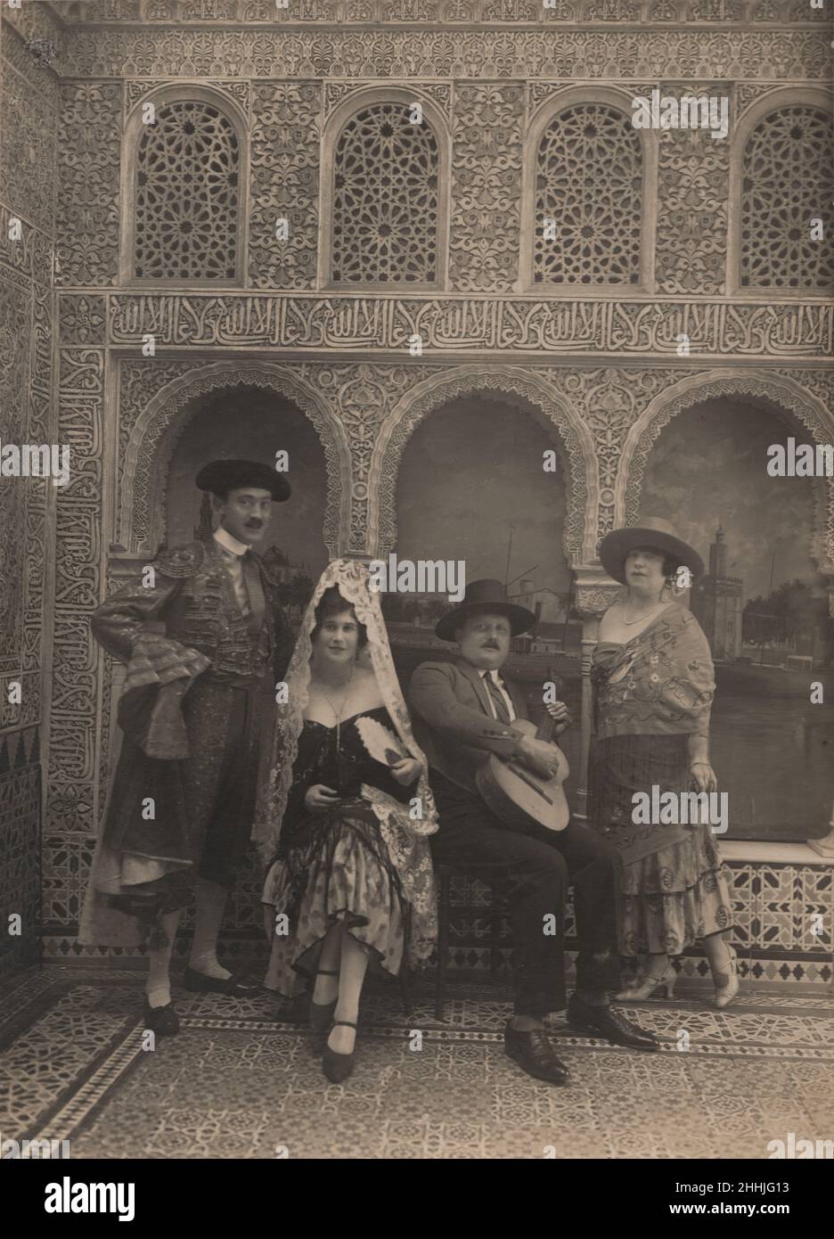 Rafael Garzón, Photographic Group Portrait of Matador and Flamenco Performers at Alhambra, Spain Stock Photo