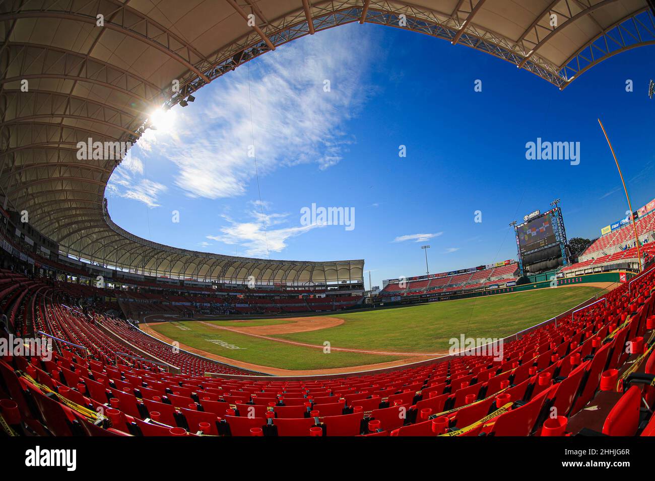 MAZATLAN, MEXICO - FEBRUARY 05:  baseball field diamond with light and shadow at sunset in a general view  Teodoro Mariscal of the Stadium  diamanete del campo de besbol con luz y sombra al atardecer en una vista general del Estadio Teodoro Mariscal   , during a match between Dominican Republic and Panama as part of Serie del Caribe 2021 at Teodoro Mariscal Stadium on February 5, 2021 in Mazatlan, Mexico. (Photo by Luis Gutierrez/ Norte Photo) Stock Photo