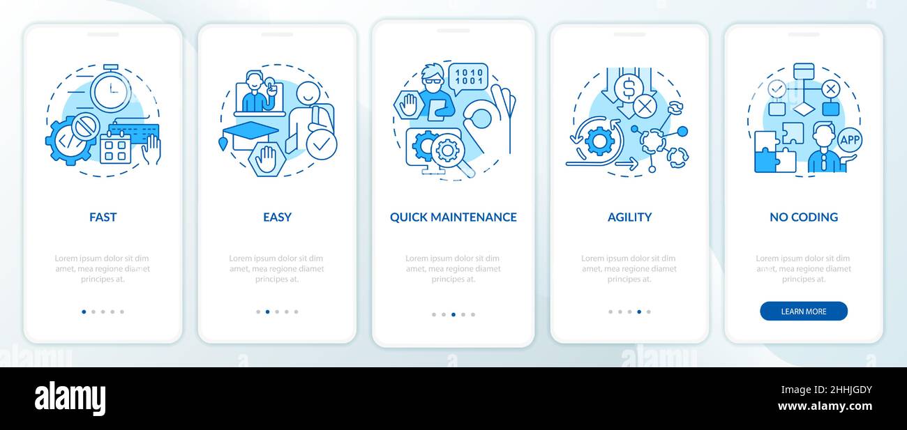 Advantages of no code blue onboarding mobile app screen Stock Vector ...