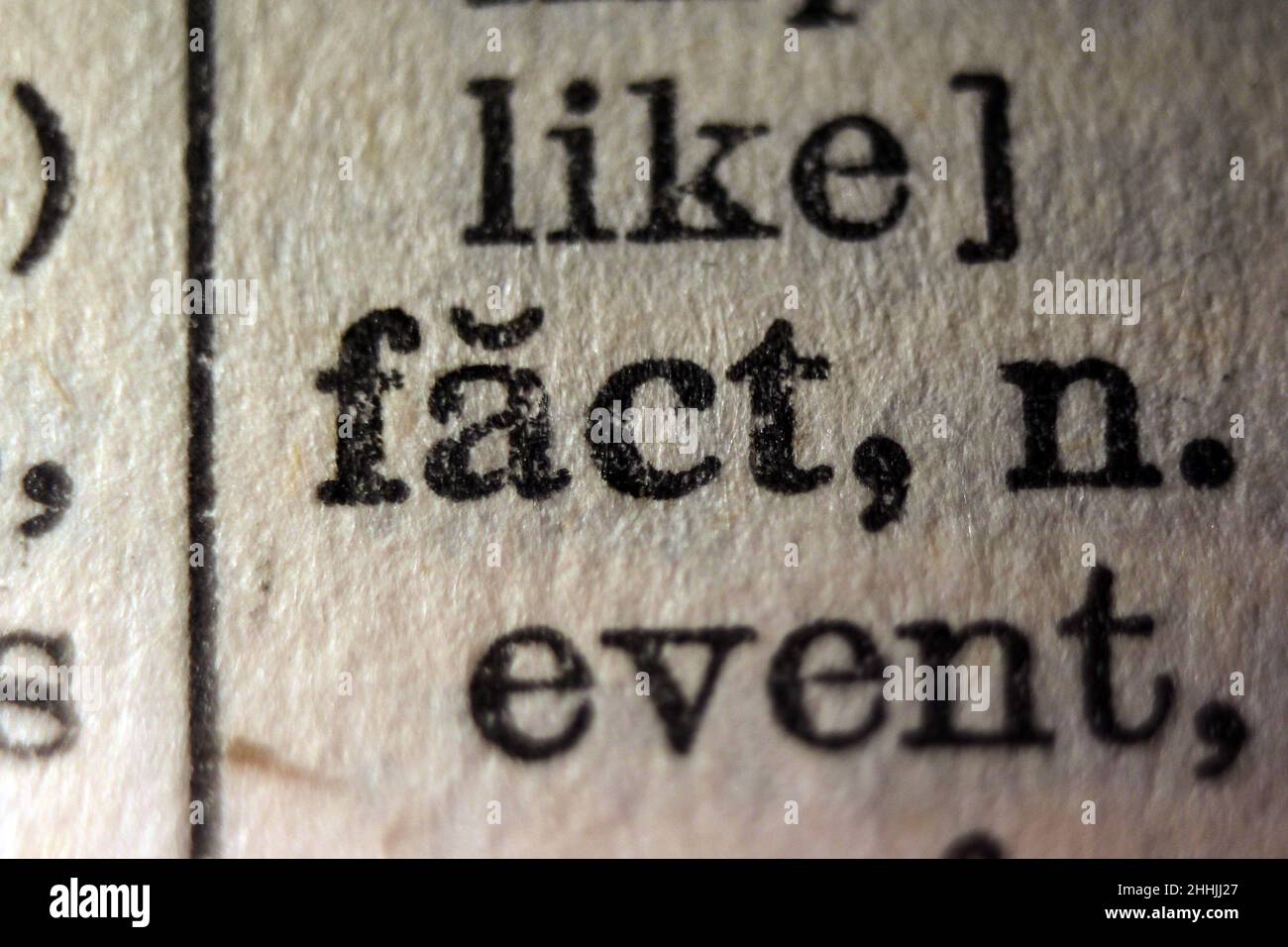Word 'fact' printed on dictionary page, macro close-up Stock Photo