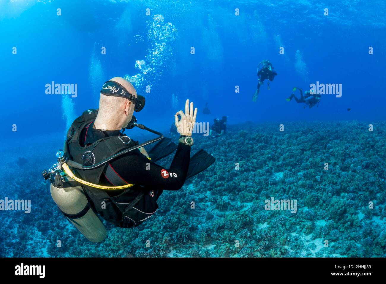 A dive instructor guide (MR) checks back with his divers over a reef