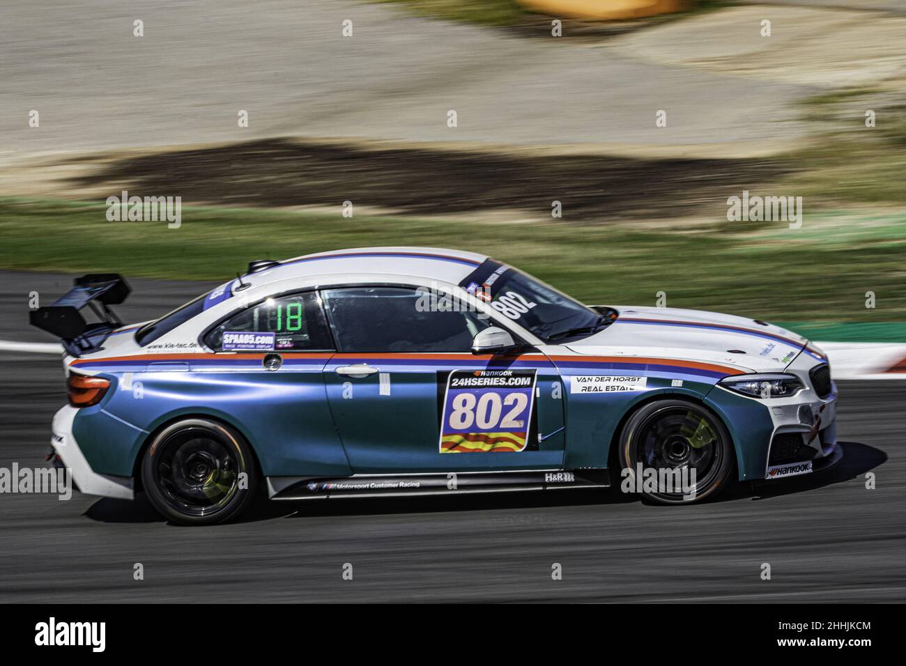 Closeup of a BMW racing car on a race track in Barcelona, Spain Stock Photo