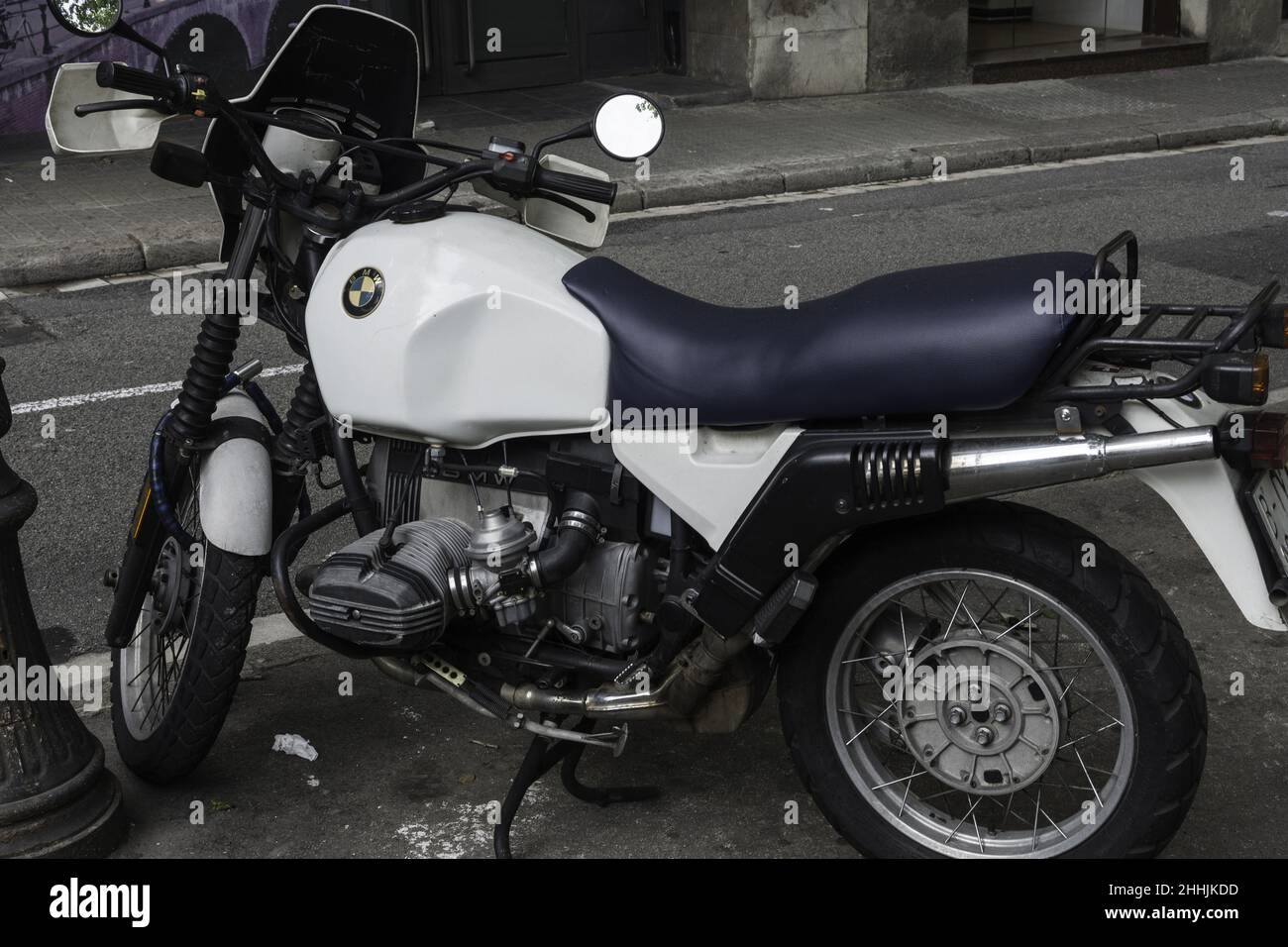 Old BMW R100 motorcycle parked on the city street Stock Photo