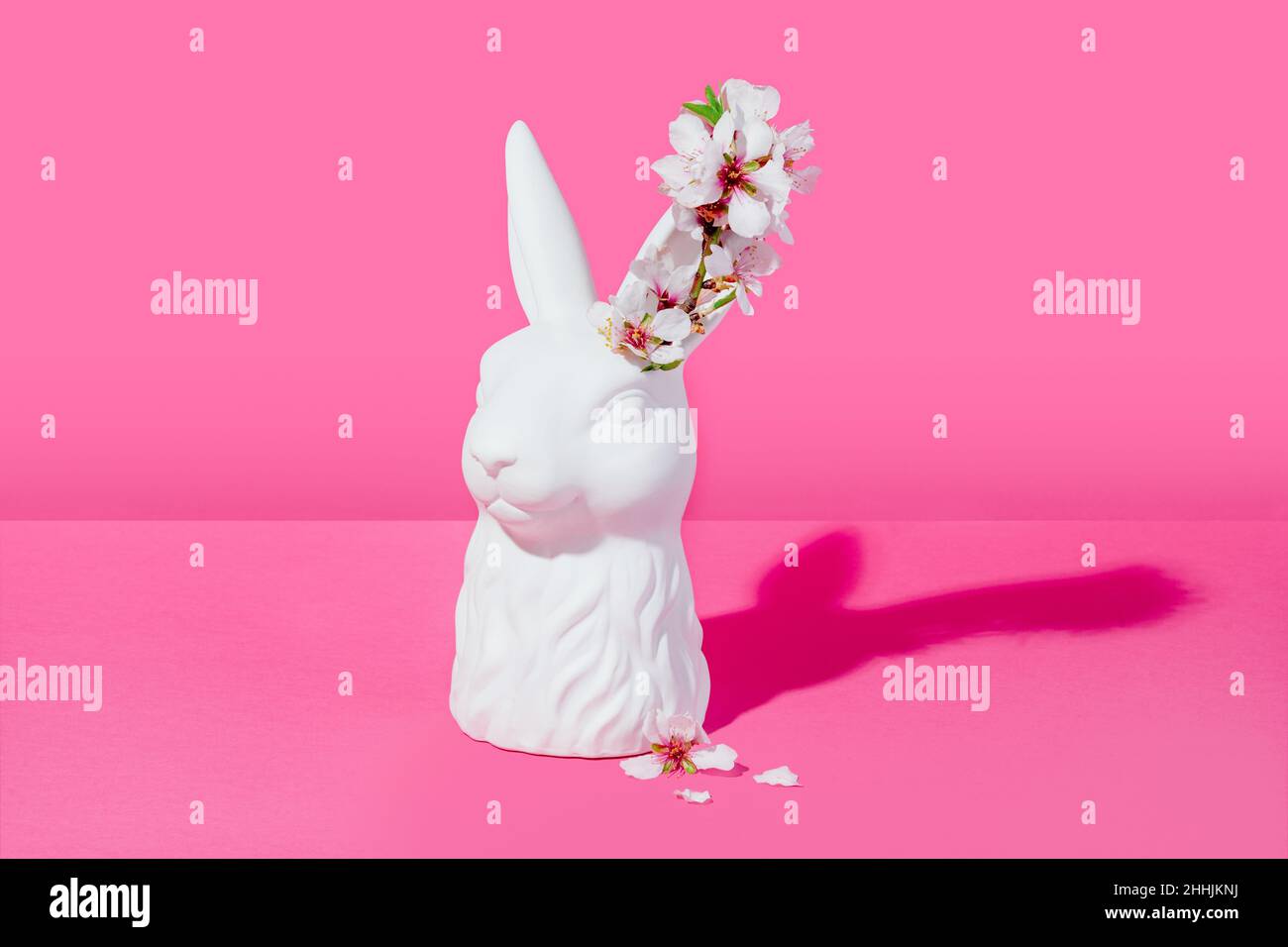 Bust of a white rabbit with almond blossoms on a pink background Stock ...