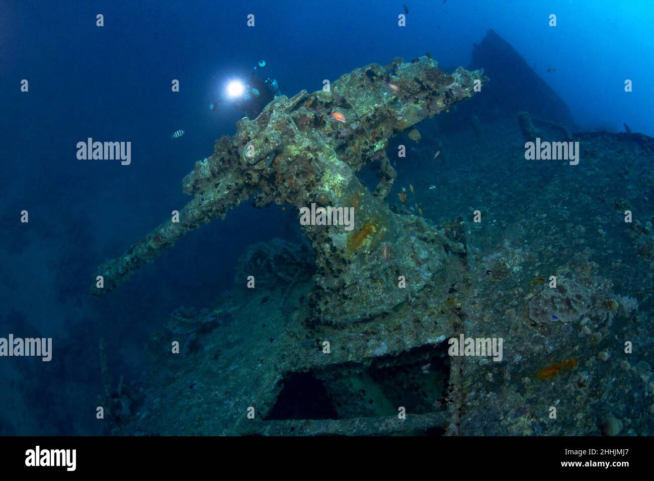 Unrecognizable diver with glowing lamp discovering old crashed ship on bottom of blue Red Sea Stock Photo