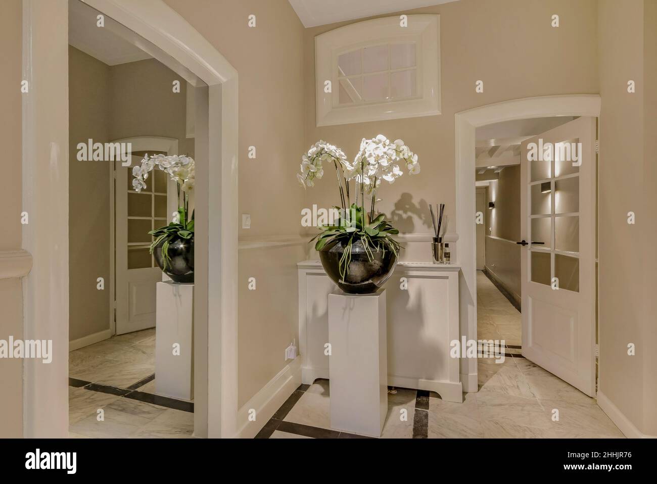 Interior of contemporary light room with white walls decorated with potted Orchid flowers on wooden stand near mirror and door Stock Photo