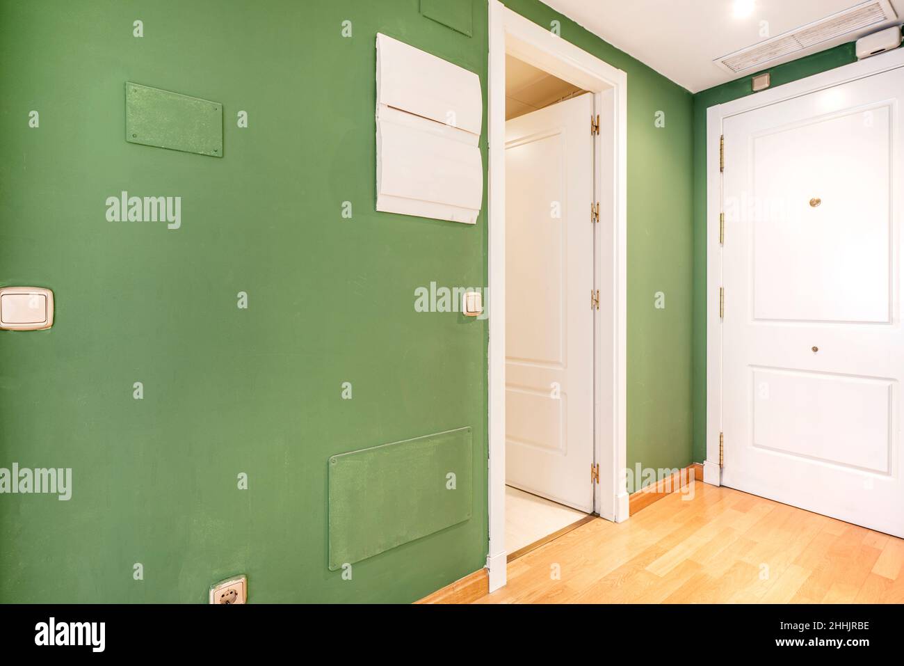 View of Hallway in an apartment with plain green painted walls and white ...