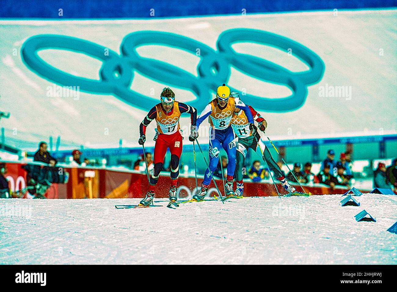 Men's 30-kilometer freestyle mass start cross-country skiing at the 2002 Olympic Winter Games. Stock Photo