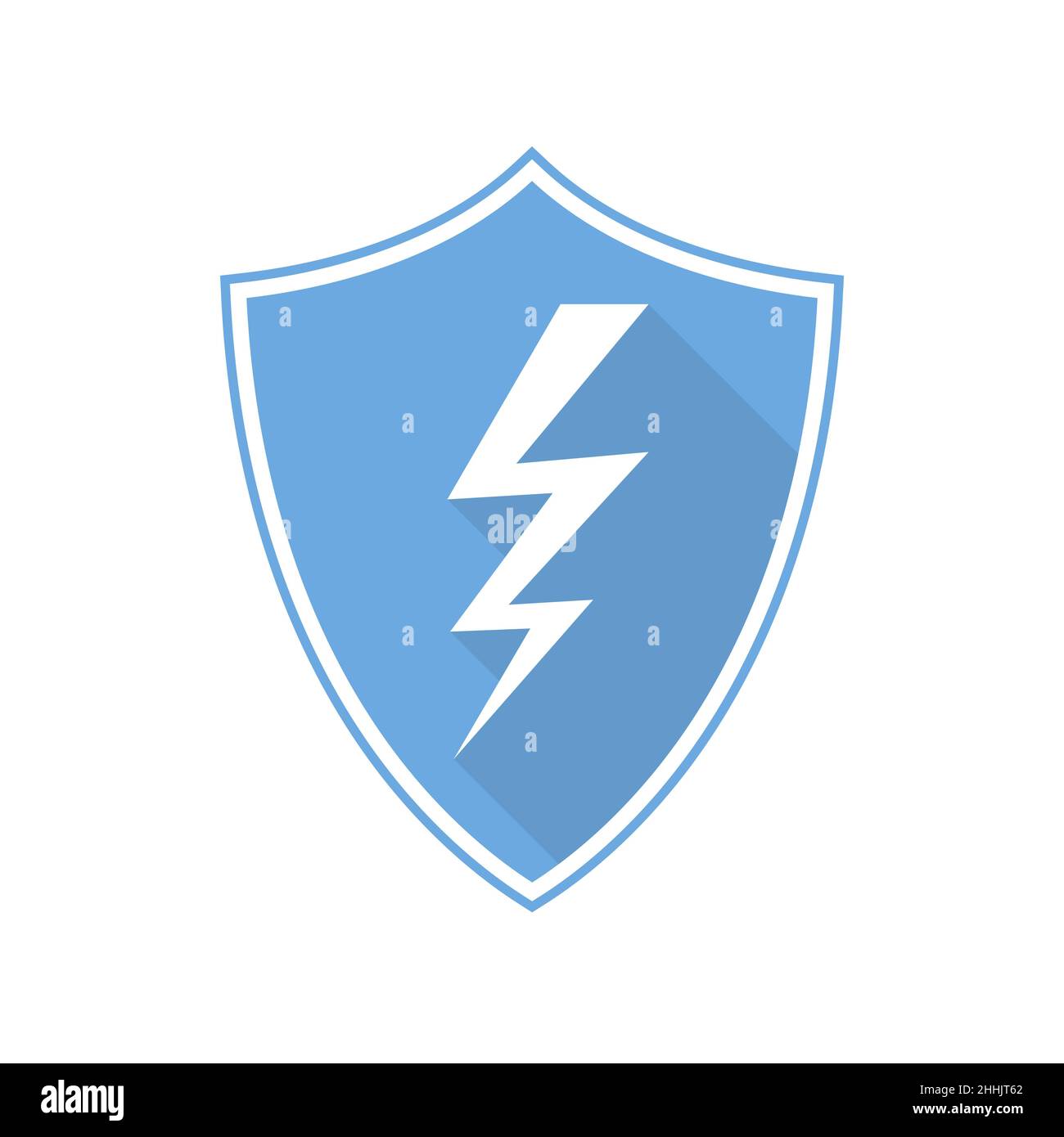 Blue shield with lightning icon in flat design. Vector illustration. Shield isolated on white background. Stock Vector