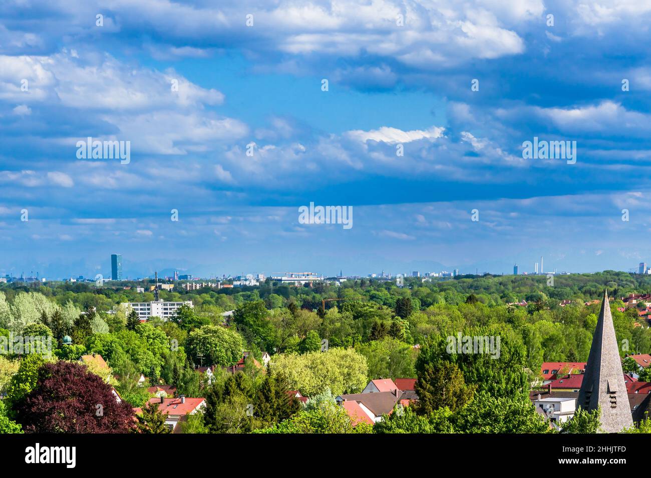 Panoramic view over city of Dachau and bavarian alps next to Munich - Germany Stock Photo