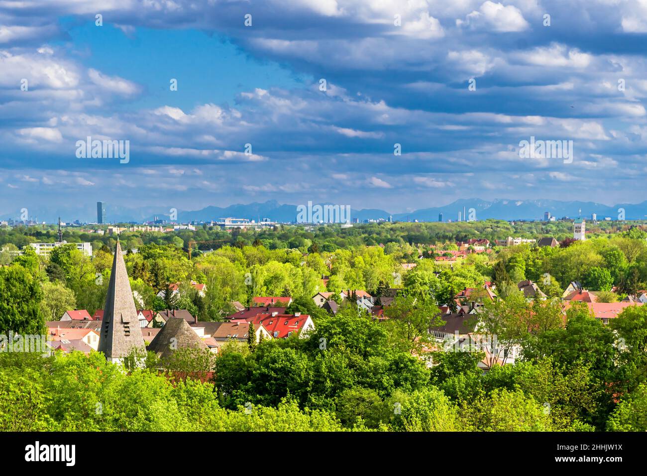 Panoramic view over city of Dachau and bavarian alps next to Munich - Germany Stock Photo