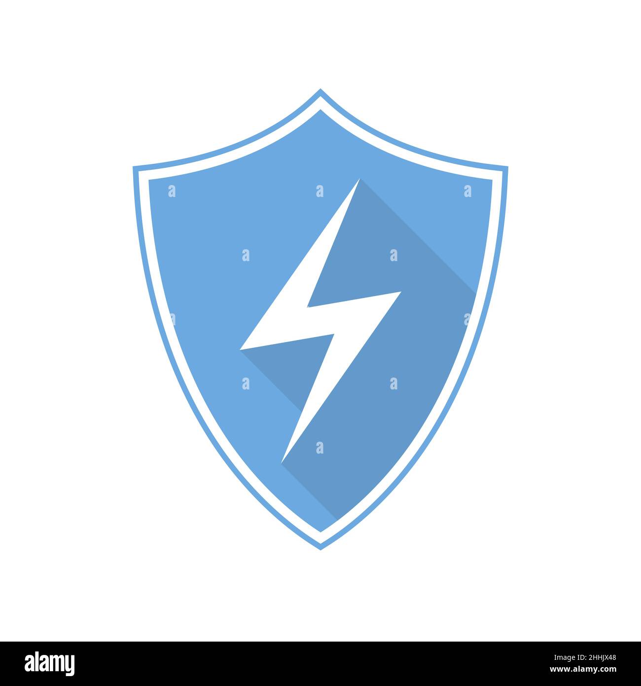 Blue shield with lightning icon in flat design. Vector illustration. Shield isolated on white background. Stock Vector