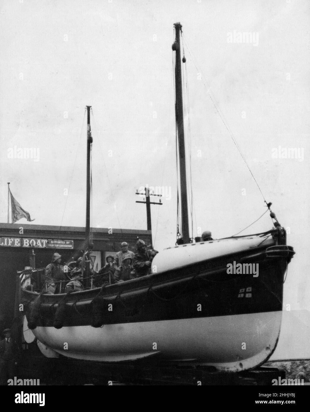 The Tynemouth lifeboat being taken out of its shelter for its monthly launch and test. The boat was destroyed by enemy action. 6th November 1929. Stock Photo