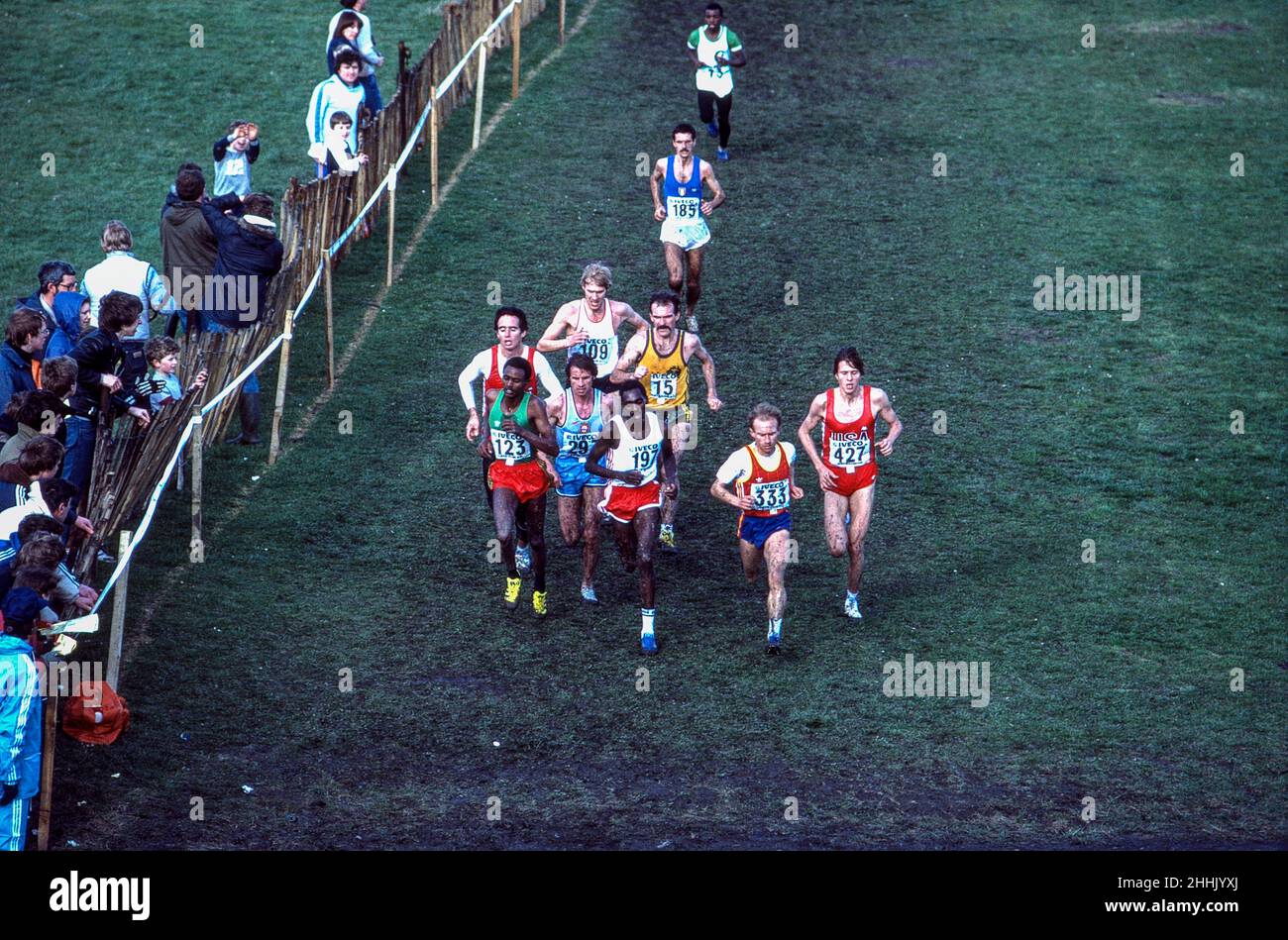 Bekele Debele (ETH) #123 winner, Carlos Lopes (POR) #293 second, Some Muge (KEN) #197 third place in the 1983 IAAF World Cross Country Championships. Stock Photo