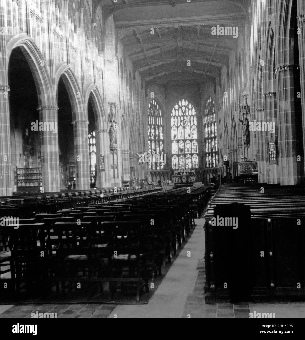 An interior view of St Michael's Cathedral circa 1936, prior to The Coventry Blitz of November 14th 1940.  This cathedral is now a ruin, the new Coventry cathedral, designed by Sir Basil Spence, is situated alongside the old cathedral. St Michael's was constructed between the late 14th and early 15th centuries. Stock Photo