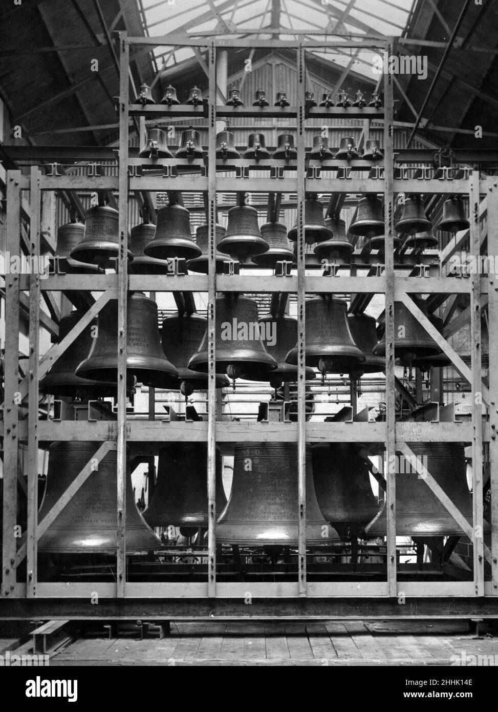 This picture gives a remarkable idea of how the complete carillon looks in its frame. 23rd April 1929. Stock Photo