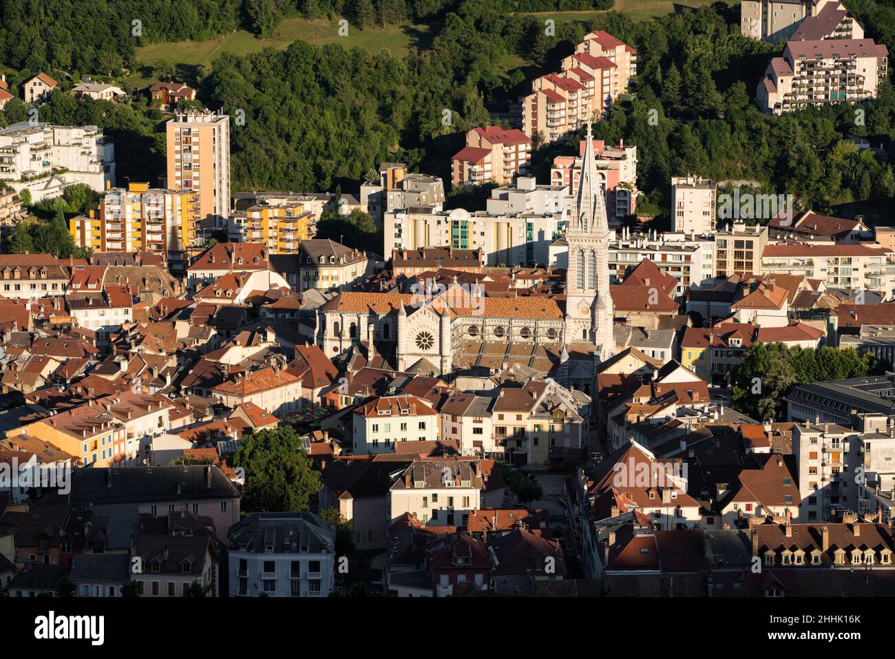 The city of Gap from above with a view on Notre-Dame-et-Saint-Arnoux cathedral. Hautes-Alpes (Alps), France Stock Photo