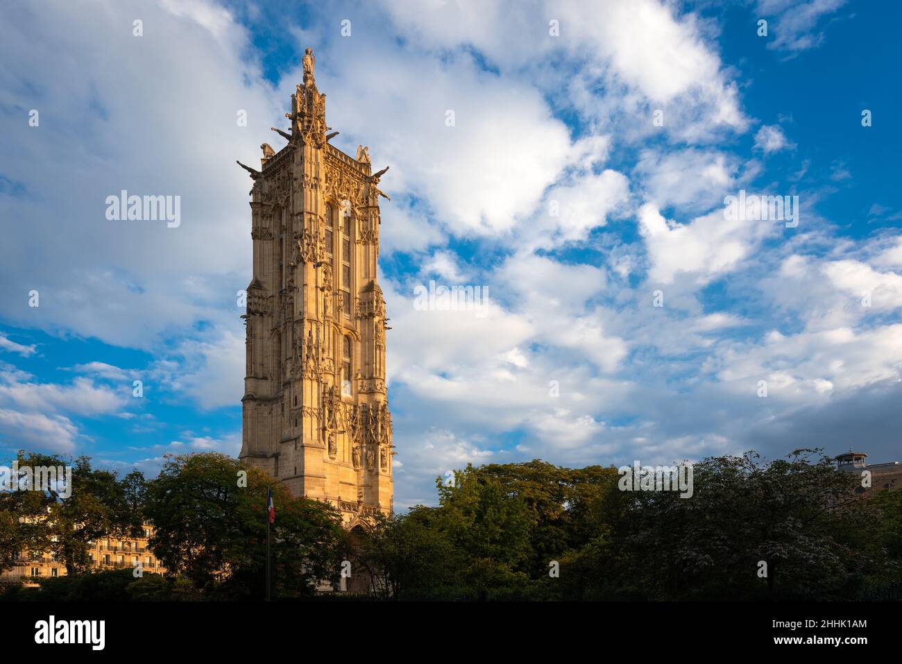Tour Saint-Jacques (Historic Monument) in Paris at sunset. Located on the (Right Bank) it is an example ofFlamboyant Gothic architecture. France Stock Photo
